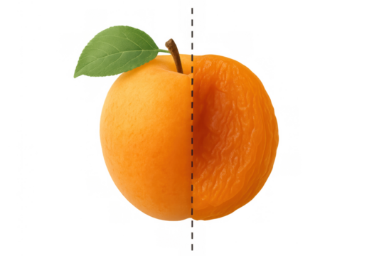 Apricot aging process showing fresh fruit transforming into wrinkled dried fruit, transparent background