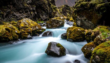 A flowing river rushes through a rocky canyon, covered in moss and greenery