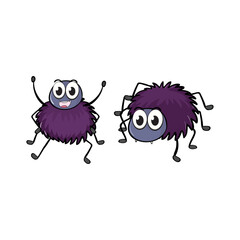 Set of two cute purple hairy cartoon spider characters in different poses isolated illustration