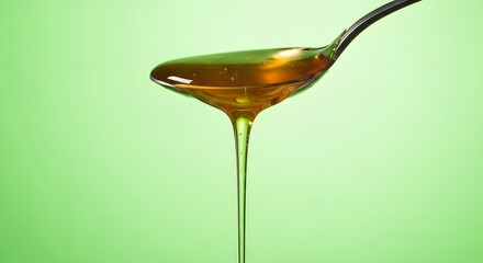 Close-up of a spoonful of golden honey dripping against a soft green background, highlighting the viscous texture and rich color of the natural sweetener