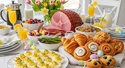 Easter Brunch Feast with Ham Deviled Eggs Pastries and Spring Flowers.