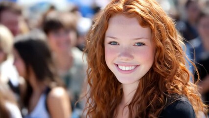 Portrait of smiling young woman with red hair in a crowd