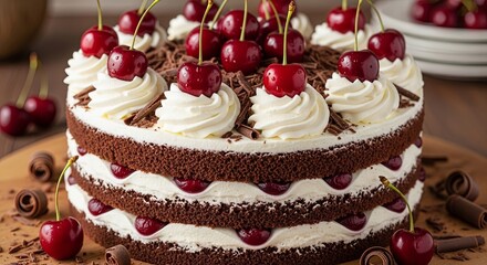 Exquisite Black Forest Cake: Layers of Delight, Cherries, Whipped Cream, Chocolate.