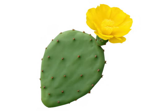 Prickly pear cactus pad with vibrant yellow flower blooming, succulent plant on transparent background