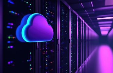 Cloud computing icon glowing in a futuristic neon IT server room corridor with advanced data systems and vibrant lights, idea for technology presentations and digital marketing visuals