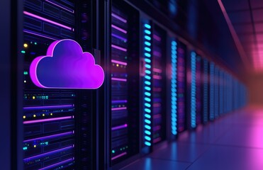 Cloud computing icon glowing in a futuristic neon IT server corridor with vibrant data lighting and illuminated racks, idea for technology presentations and digital marketing visuals