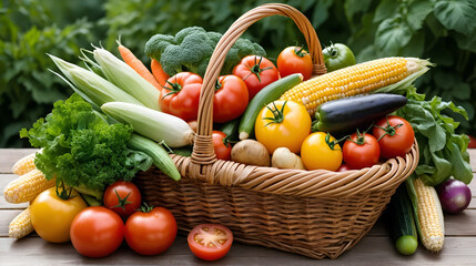 A wicker basket overflowing with a variety of fresh, colorful garden vegetables, including tomatoes, corn, carrots, and potatoes on a wooden surface.
