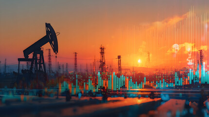 Oil pumpjack and refinery against a vibrant sunset with stock market data overlay