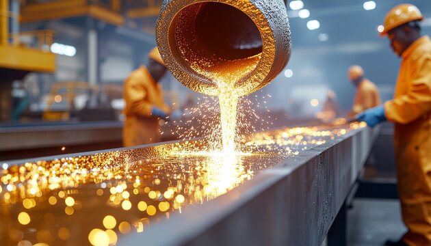 Mesmerizing molten metal pouring at a steel mill, sparks flying in a vibrant industrial setting, showcasing precision and power for manufacturing projects