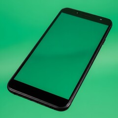 Modern smartphone with a large screen and sleek design placed on a vibrant green background for technology and communication concepts
