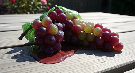 Close-up of a bunch of ripe grapes resting on a wooden surface with sunlight casting shadows and a few drops of juice around them