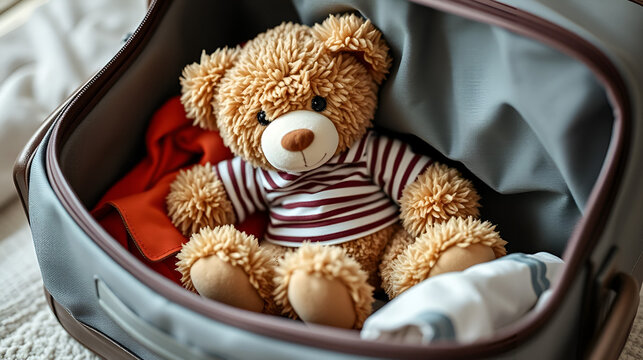 Teddy bear suitcase clothes toy travel childhood cozy striped shirt luggage adventure soft preparation journey packing cute plush brown casual home trip vacation playful innocence textile denim