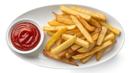 Craving classic comfort food? Enjoy golden french fries with rich ketchup on a pristine white plate