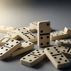 A close-up view of white domino tiles scattered on a smooth surface with one tile standing upright amidst the others
