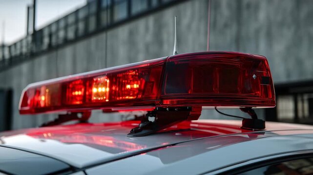 赤い警光灯が白い車の屋根で昼に点灯し防音壁前で光る情景