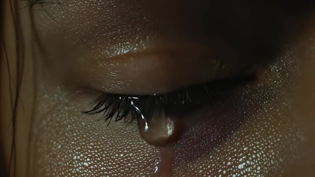 Close up footage of a woman eye with a tear falling down her cheek, dramatic emotion