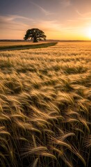 A vast golden wheat field under a vibrant sunset sky with a solitary tree in the distance, creating a peaceful and scenic rural landscape scene