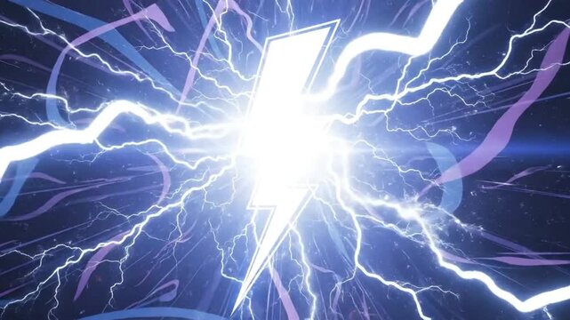 Dynamic visual animation showcasing an energy surge. A stylized bolt of lightning surrounded by branching sparks and abstract ribbons. The color palette features hues of blue, purple, and white, creat