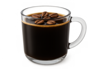 Refreshing dark coffee cup with floating beans, offering energy and a morning wake-up, transparent background
