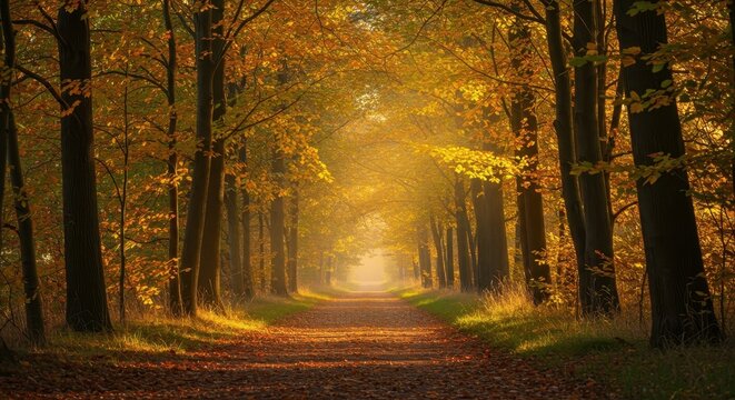 Ruhige Herbstidylle im Naturpark. Goldene Sonnenstrahlen fallen durch das bunte Laub, das einen friedlichen Waldweg bedeckt ,drau?en ,B?ume ,Landschaft