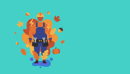 Tradesman illustration wearing hardhat and tool belt surrounded by autumn leaves and pumpkin on teal background