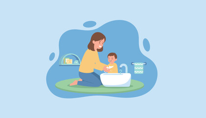 Happy mother teaching toddler son proper handwashing hygiene in the bathroom Family care and routine