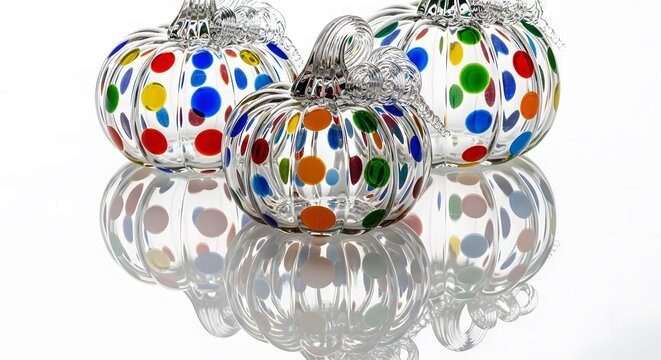 Artistic glass pumpkins adorned with colorful dots crafted in glassblowing technique displaying vibrant polka dot pattern perfect for autumn