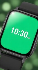 Close-up of a modern smartwatch displaying the time 10:30 AM on a vibrant green background with a sleek design and black strap
