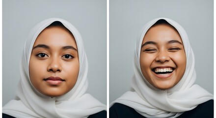 Two portraits of a young woman wearing a white hijab, showcasing different facial expressions with one looking calm and composed, and the other smiling broadly with eyes closed