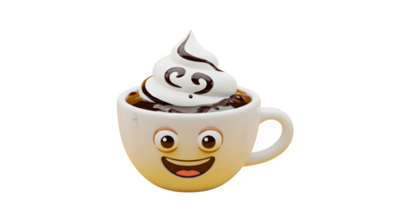 Whimsical smiling coffee cup with whipped cream and chocolate drizzle isolated on transparent background