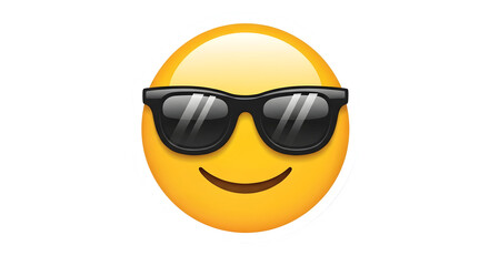 Yellow emoji face wearing cool black sunglasses with a happy smile isolated on transparent background