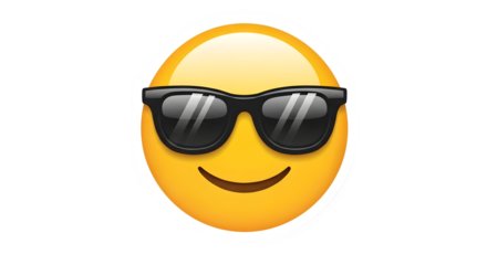 Yellow emoji face wearing cool black sunglasses with a happy smile isolated on transparent background