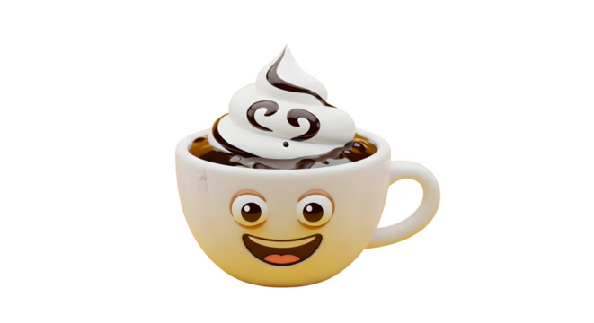 Whimsical smiling coffee cup with whipped cream and chocolate drizzle isolated on transparent background