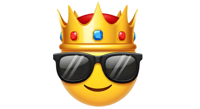 Cartoon king emoji wearing sunglasses isolated on transparent background - Powered by Adobe