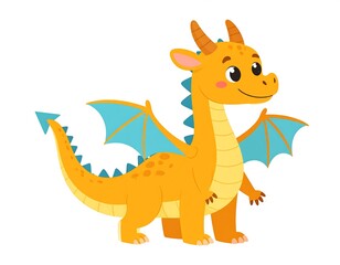 Naklejka premium A friendly cartoon dragon in orange and blue colors, standing on a white background