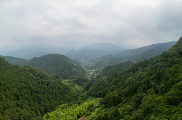 A panoramic view of a lush, green valley nestled between rolling hills under a cloudy sky. A winding road cuts through the valley floor.