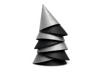 Minimalist christmas tree decoration stacking felt and black cones, creating a modern winter holiday symbol on transparent background