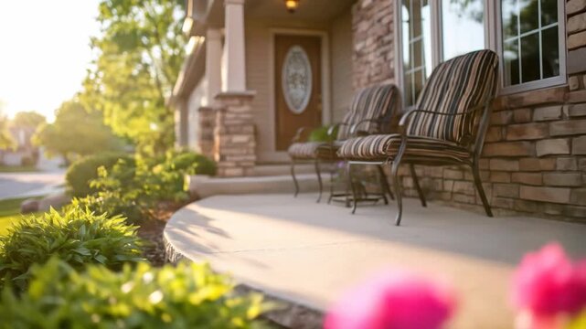 House exterior with porch chairs and lush greenery residential home design