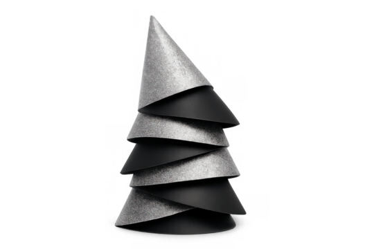 Minimalist christmas tree decoration stacking felt and black cones, creating a modern winter holiday symbol on transparent background