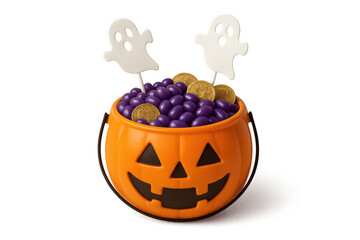 Halloween pumpkin bucket filled with purple candies and gold coins, featuring cute ghost decorations, isolated on transparent background