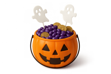Halloween pumpkin bucket filled with purple candies and gold coins, featuring cute ghost decorations, isolated on transparent background