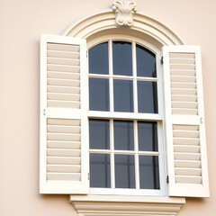 Fototapeta premium Window with carving architraves and closed shutters.