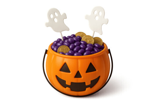 Halloween pumpkin bucket filled with purple candies and gold coins, featuring cute ghost decorations, isolated on transparent background