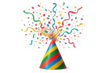 Party hat popping with colorful confetti and streamers, celebrating birthday events and festive occasions
