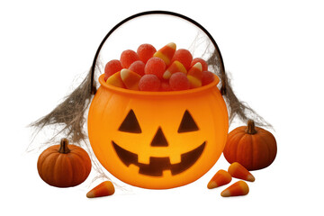Jack-o'-lantern bucket filled with halloween candy and classic candy corn on a transparent background