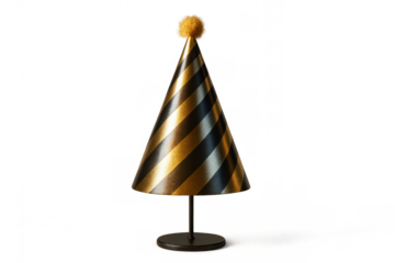 Striped gold and black party hat with a fluffy yellow pom-pom, displayed on a stand. Transparent background