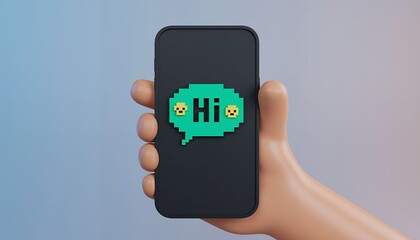 3D render of hand holding phone with pixel speech bubble with 'Hi'.