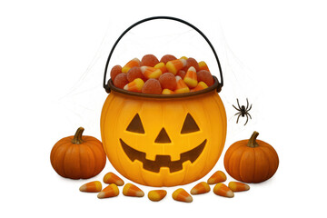 Halloween pumpkin bucket overflowing with candy corn, surrounded by festive pumpkins and an eerie spider on transparent background