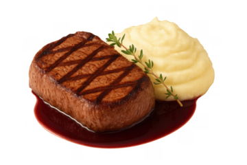 Grilled beef steak with mashed potatoes and thyme on a red sauce, prepared for a gourmet meal, transparent background