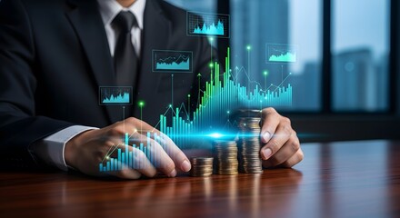 Financial Growth Visualization with Stacked Coins and Rising Graph Overlayed on Businessperson in Suit Representing Investment Strategy